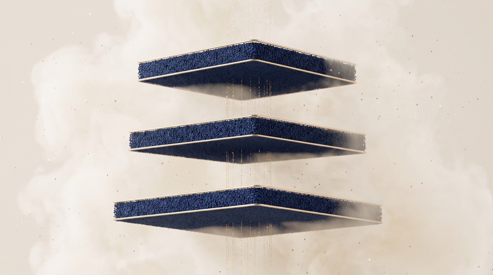 Three layered slabs of navy particles with gold edges